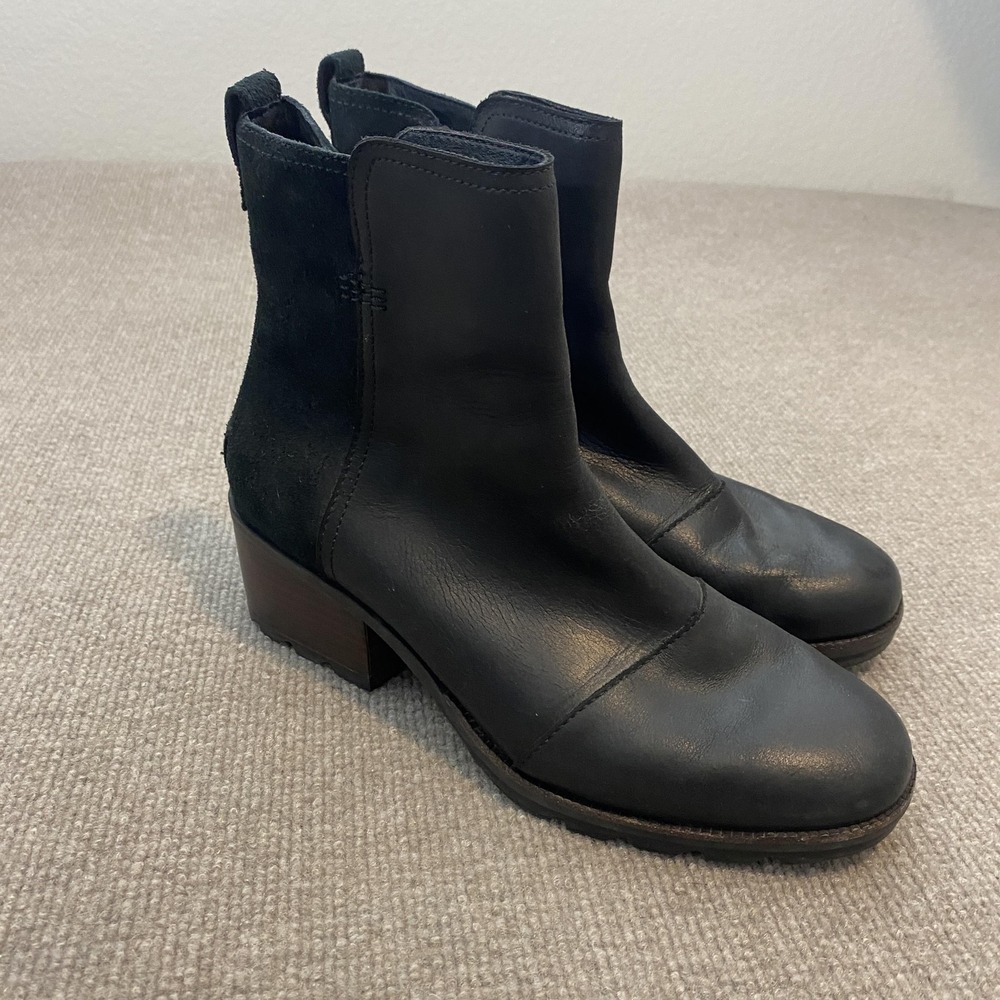 Sorel Booties Ankle Block Heel Zip Black Womens Size 9.5 Leather NL3381-010